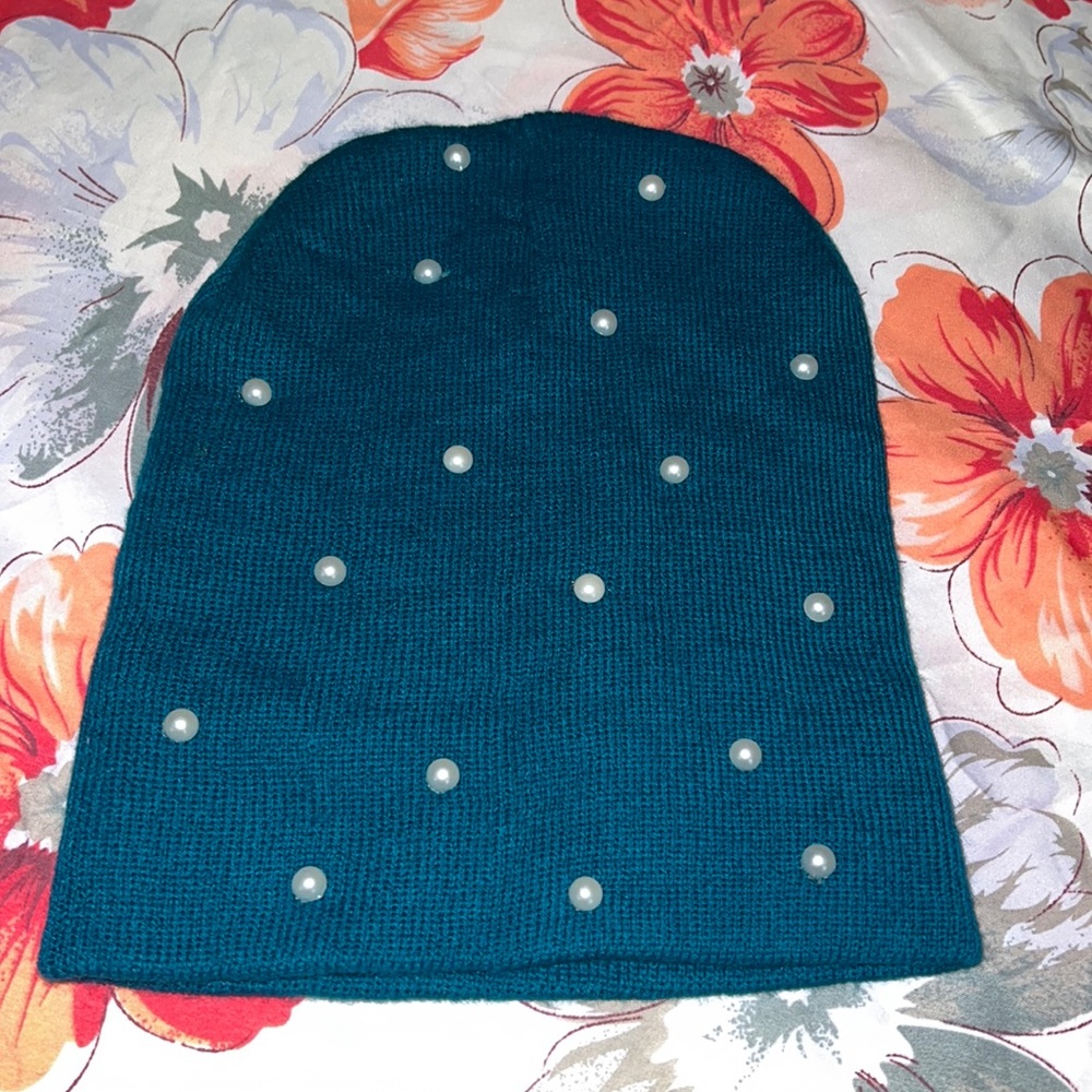 Blue Beanie with Pearls